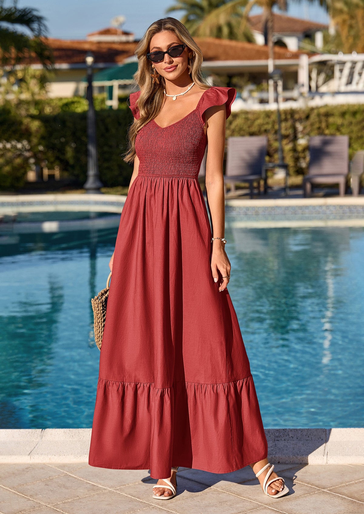 Smocked Maxi Dress - Cap Sleeve, V-Neck, Casual - photo 45