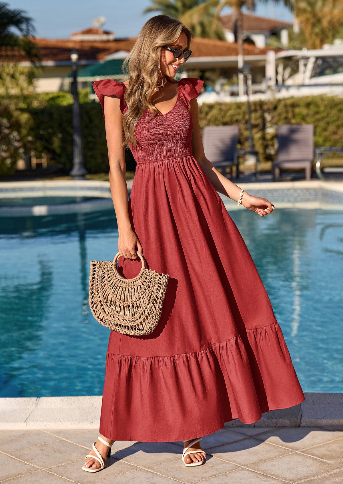 Smocked Maxi Dress - Cap Sleeve, V-Neck, Casual - photo 48