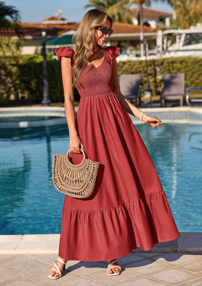 Smocked Maxi Dress - Cap Sleeve, V-Neck, Casual - photo 48