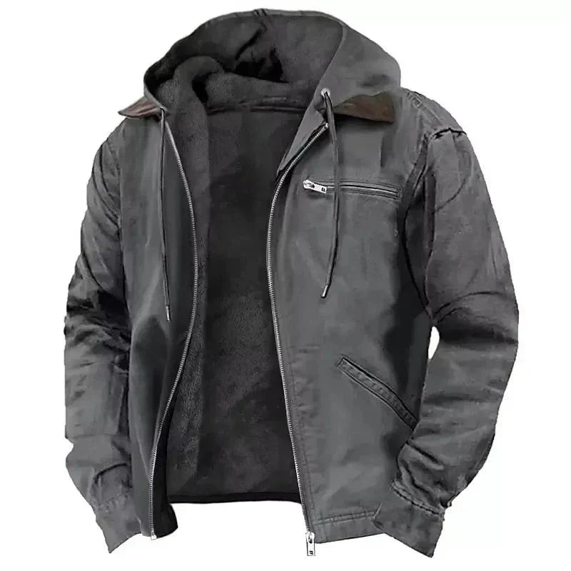 Men's thick hooded winter jacket with plush fleece lining, heavy-duty zipper, and practical pockets