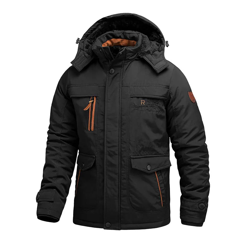 Men's windproof insulated hooded winter jacket by Orsenvi with multiple utility pockets for active men