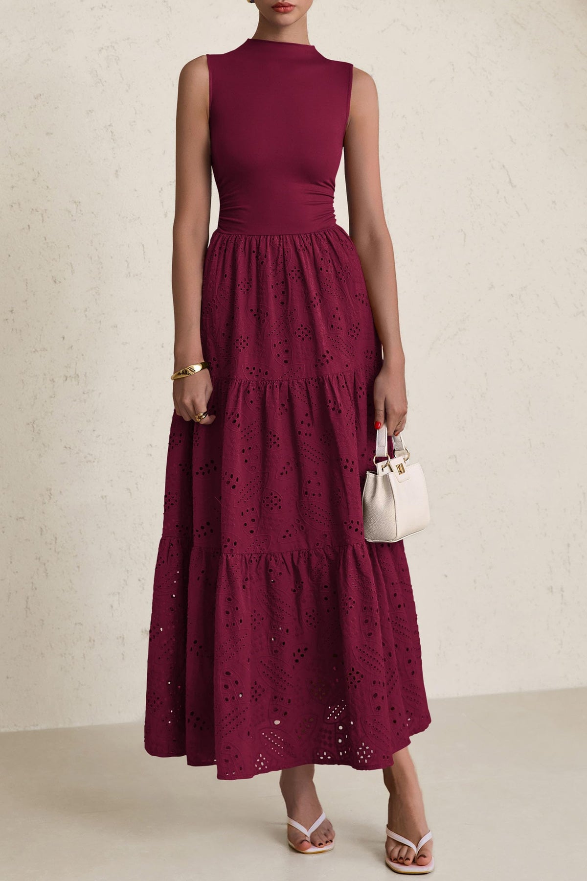 Eyelet Maxi Dress - Sleeveless, Mock Neck, Casual - photo 42