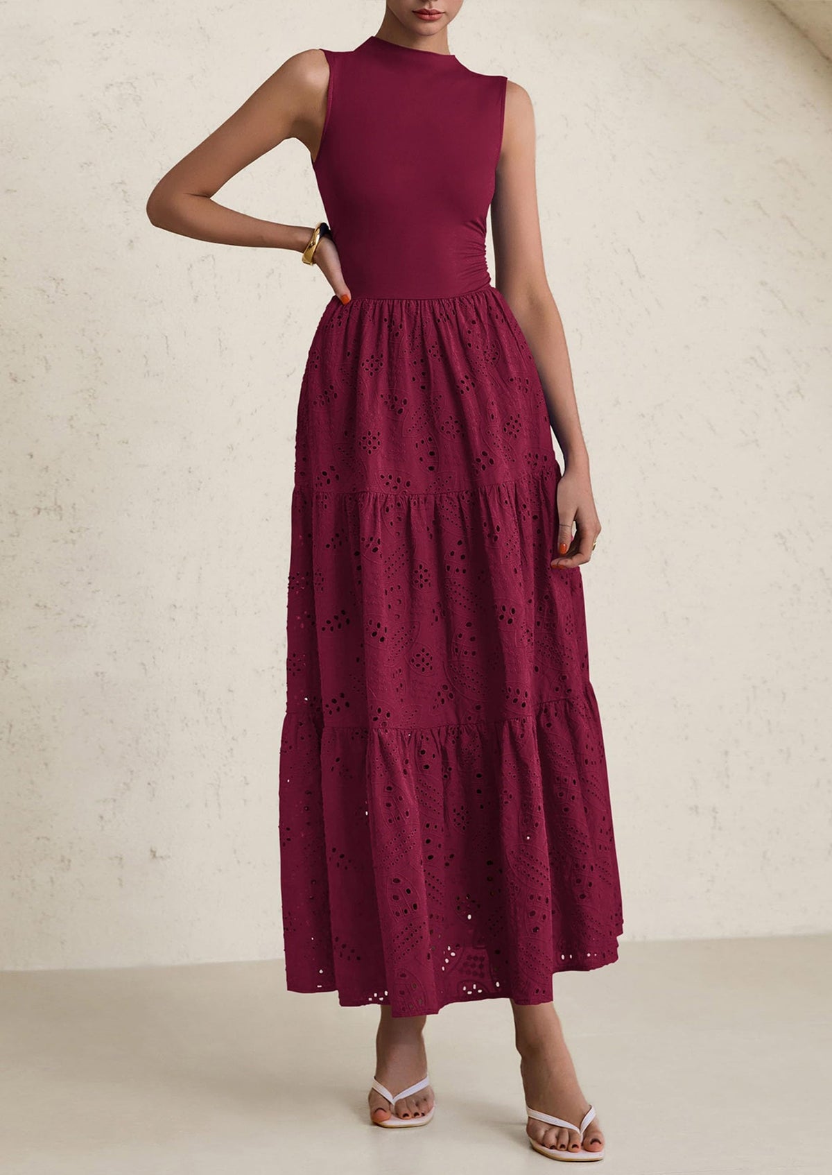 Eyelet Maxi Dress - Sleeveless, Mock Neck, Casual - photo 37