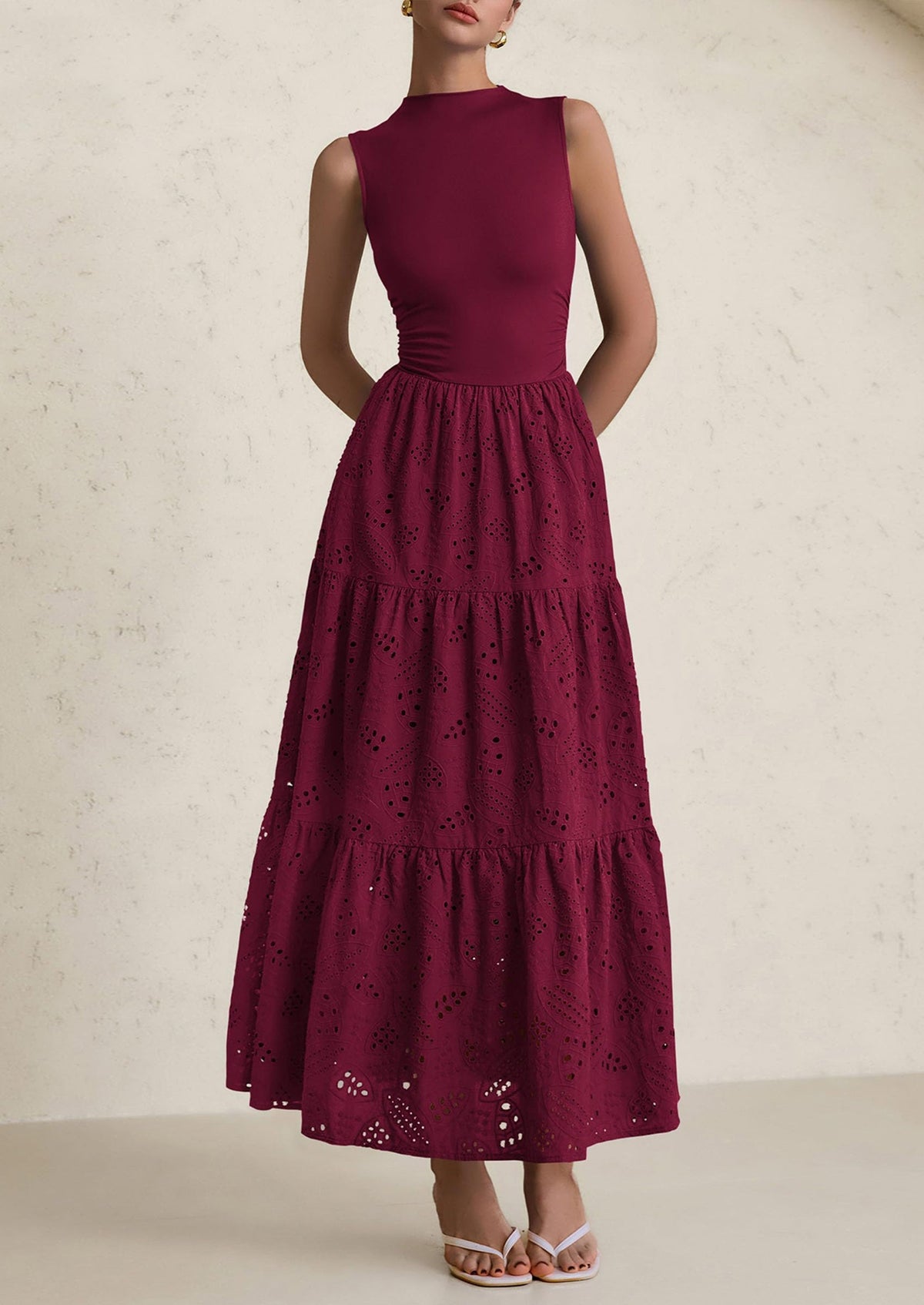 Eyelet Maxi Dress - Sleeveless, Mock Neck, Casual - photo 39