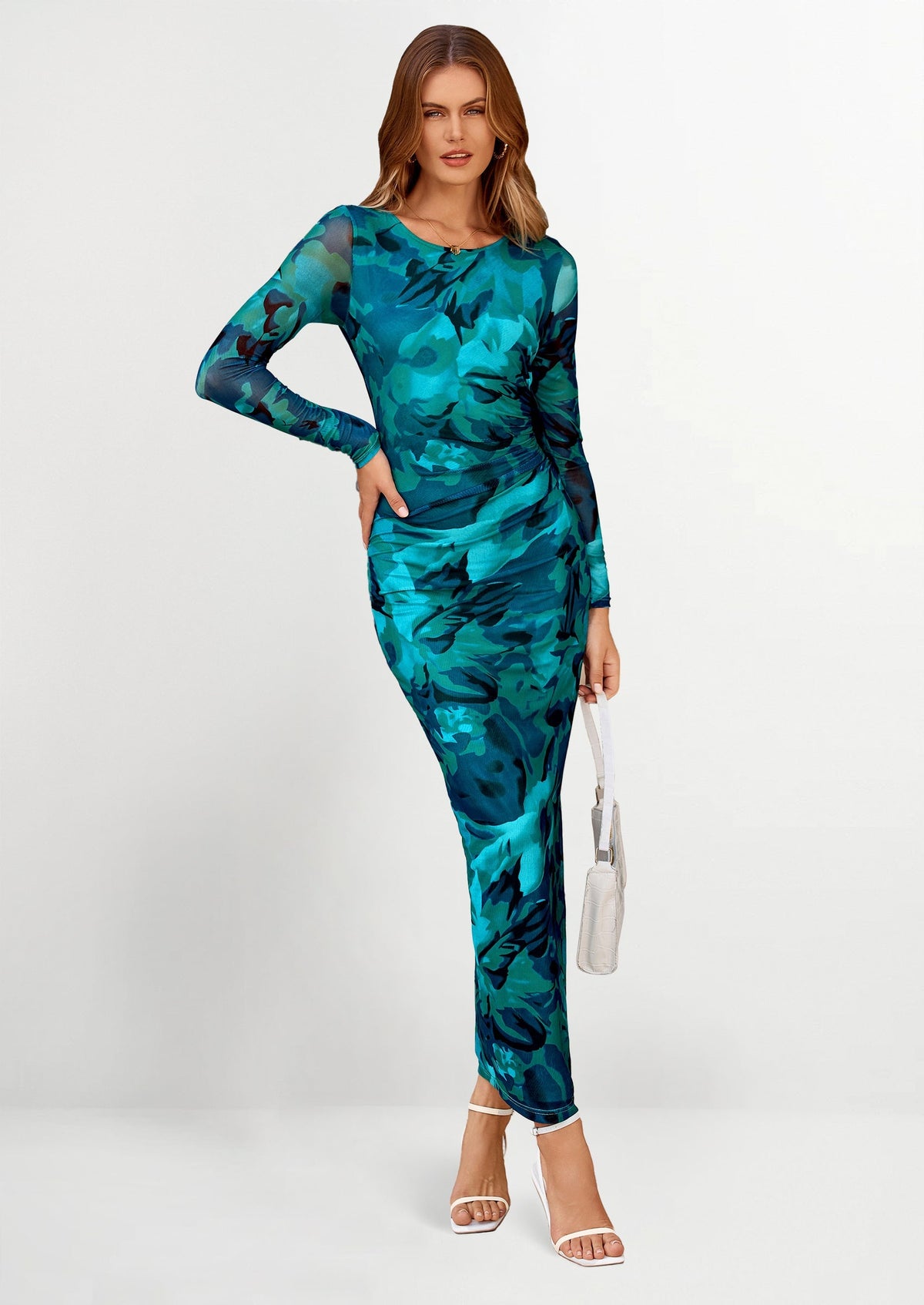 Floral Bodycon Ruched Maxi Dress - Long Sleeve, Party - photo 1