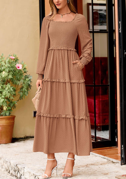 Beige Swiss Dot Smocked Tiered Maxi Dress - Long Sleeve, photo 120