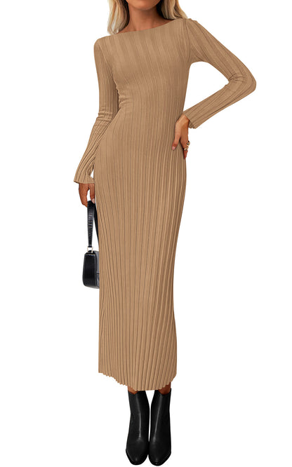Sweater Knit Bodycon Maxi Dress - Long Sleeve, Boat Neck, Photo 10
