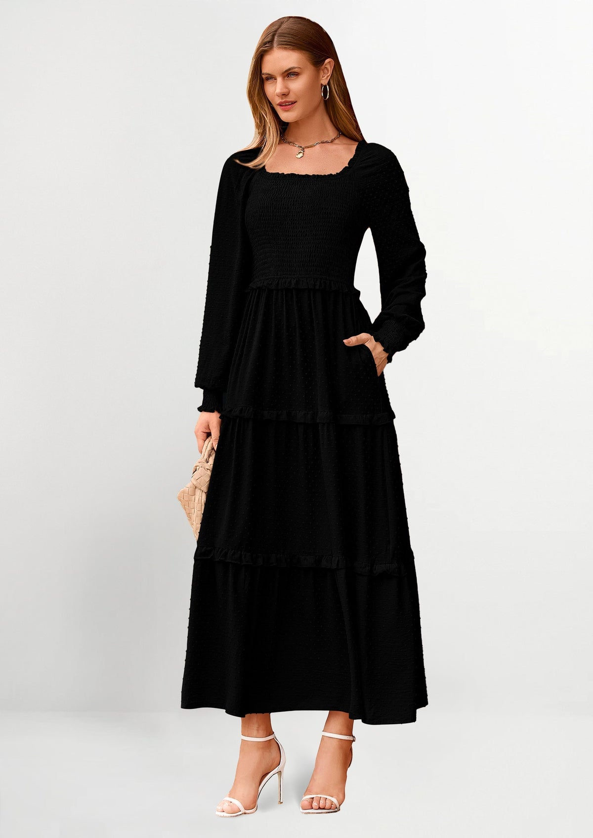 Beige Swiss Dot Smocked Tiered Maxi Dress - Long Sleeve, photo 18
