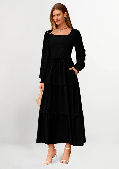 Beige Swiss Dot Smocked Tiered Maxi Dress - Long Sleeve, photo 18