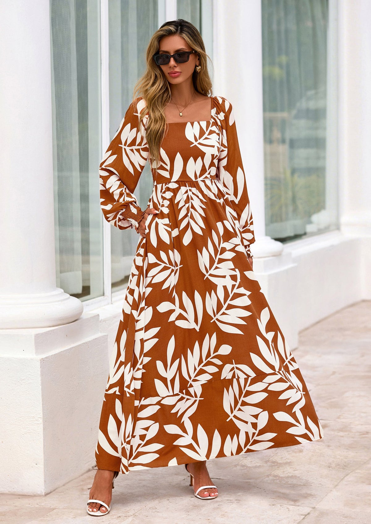 Floral A-Line Flowy Maxi Dress - Long Sleeve, Square Neck, photo 23