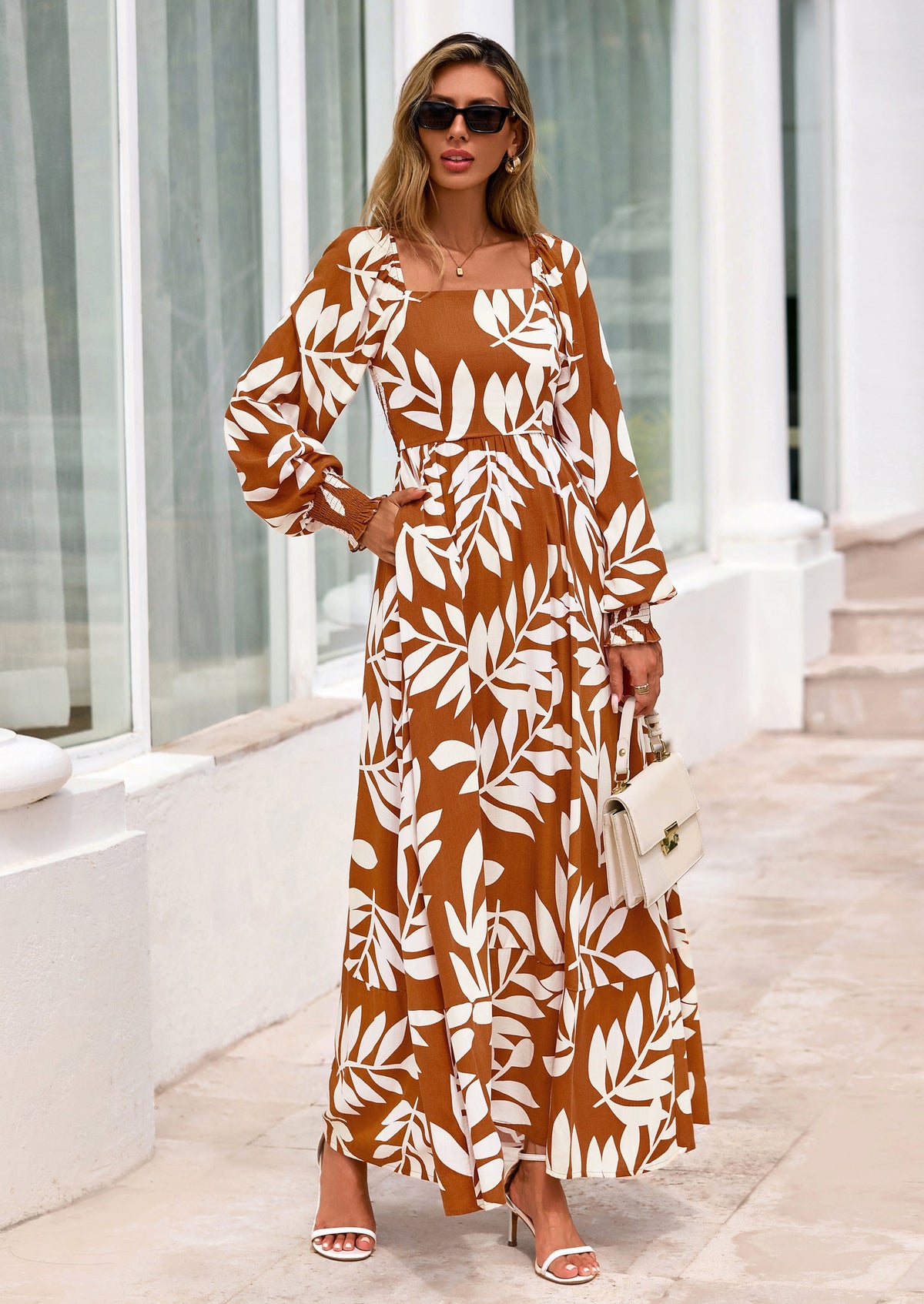 Floral A-Line Flowy Maxi Dress - Long Sleeve, Square Neck, photo 24