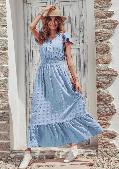 Blue Swiss Dot Tiered Smocked Maxi Dress - Short Sleeve, photo 17