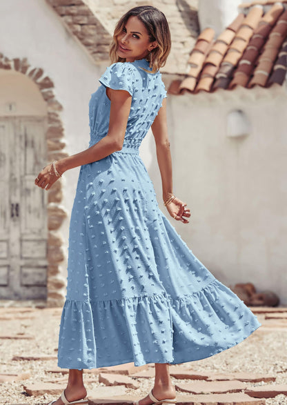 Blue Swiss Dot Tiered Smocked Maxi Dress - Short Sleeve, photo 18