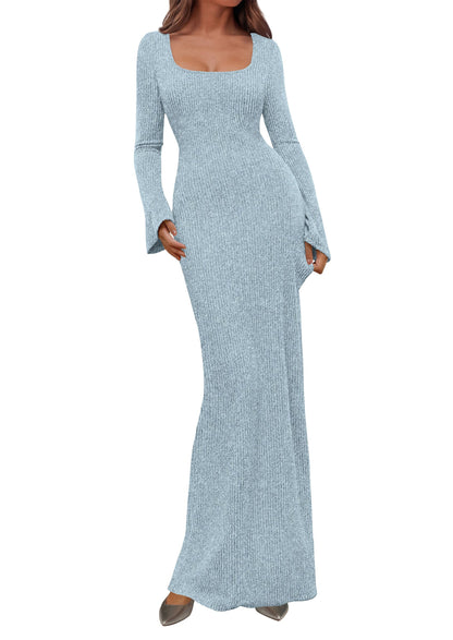 Ribbed Knit Bodycon Mermaid Maxi Dress - Long Sleeve, Square - Photo 37