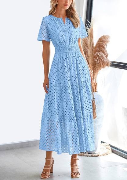 Eyelet A-Line Flowy Maxi Dress - Short Sleeve, V-Neck, Beach - photo 34