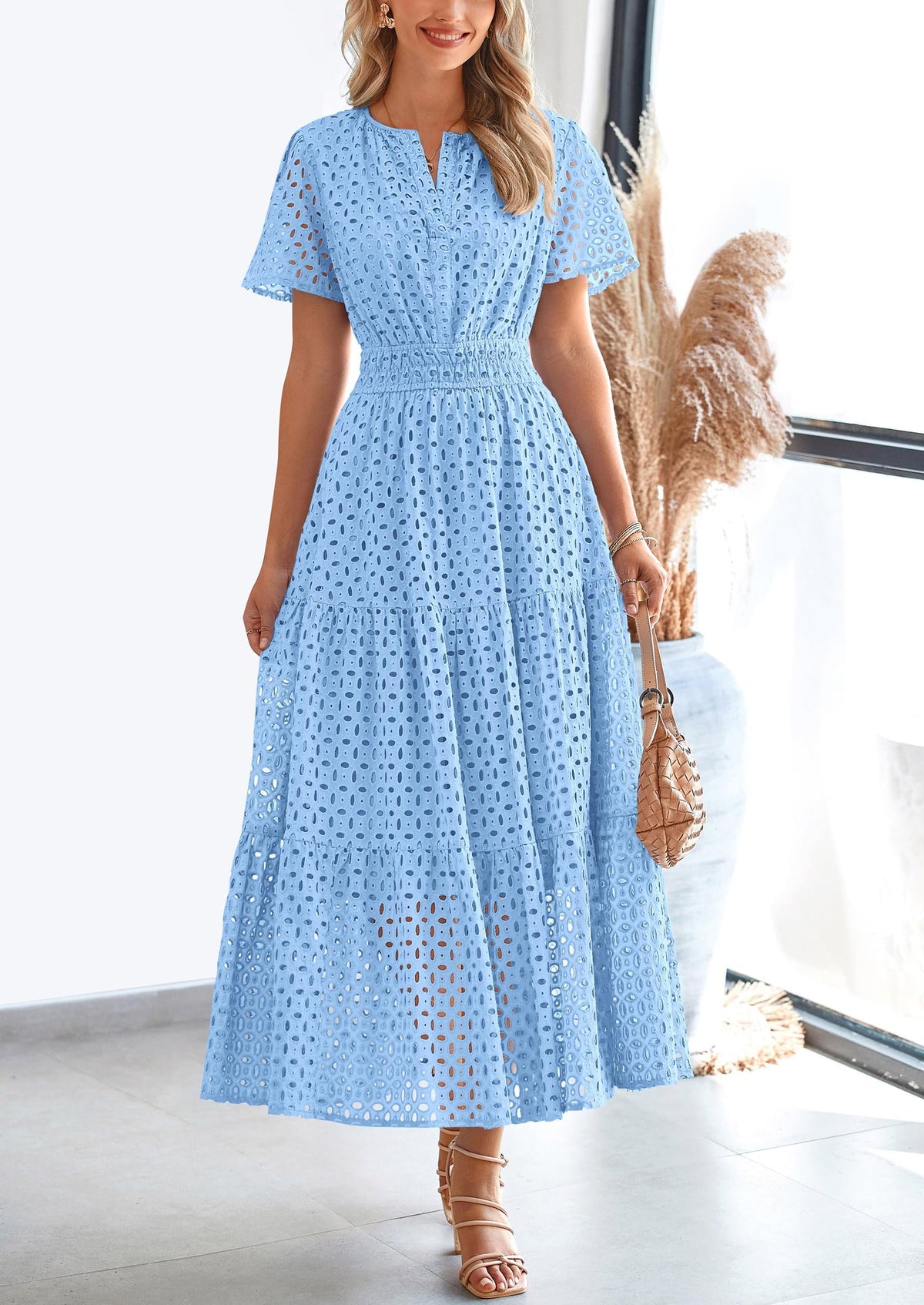 Eyelet A-Line Flowy Maxi Dress - Short Sleeve, V-Neck, Beach - photo 33