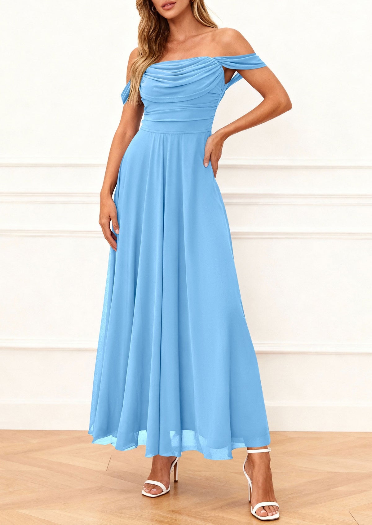Mesh Swing Ruched Maxi Dress - Off-Shoulder, Cocktail - photo 27
