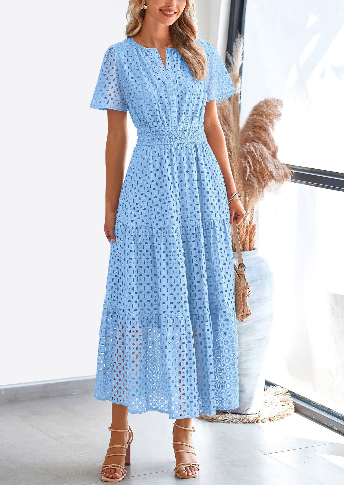 Eyelet A-Line Flowy Maxi Dress - Short Sleeve, V-Neck, Beach - photo 35
