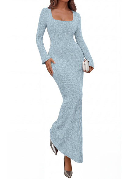 Ribbed Knit Bodycon Mermaid Maxi Dress - Long Sleeve, Square - Photo 39