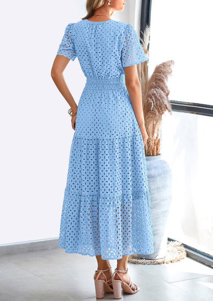 Eyelet A-Line Flowy Maxi Dress - Short Sleeve, V-Neck, Beach - photo 32