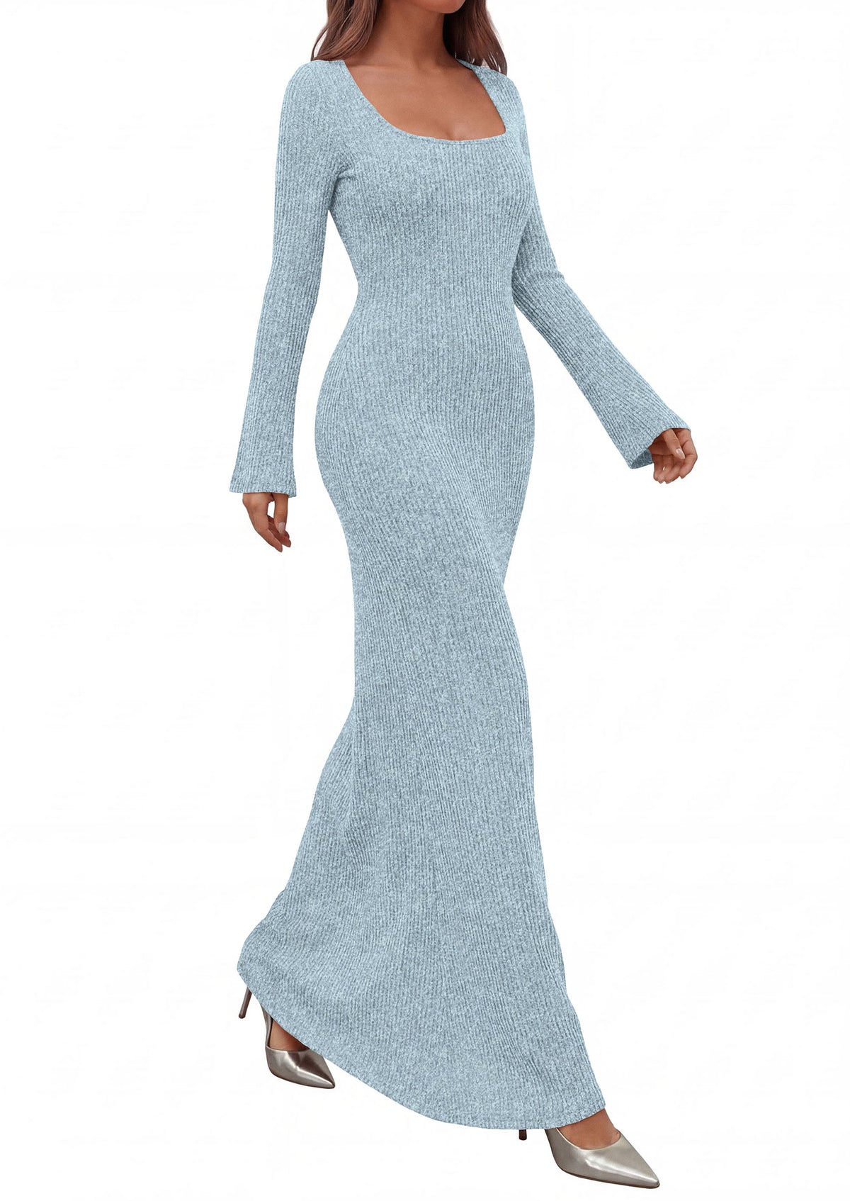 Ribbed Knit Bodycon Mermaid Maxi Dress - Long Sleeve, Square - Photo 40