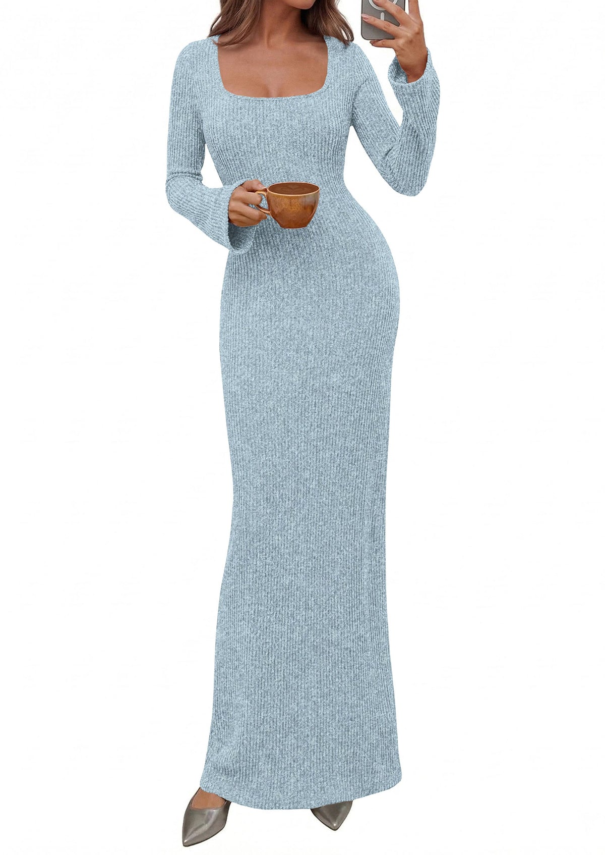 Ribbed Knit Bodycon Mermaid Maxi Dress - Long Sleeve, Square - Photo 41