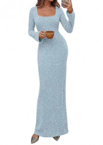 Ribbed Knit Bodycon Mermaid Maxi Dress - Long Sleeve, Square - Photo 41