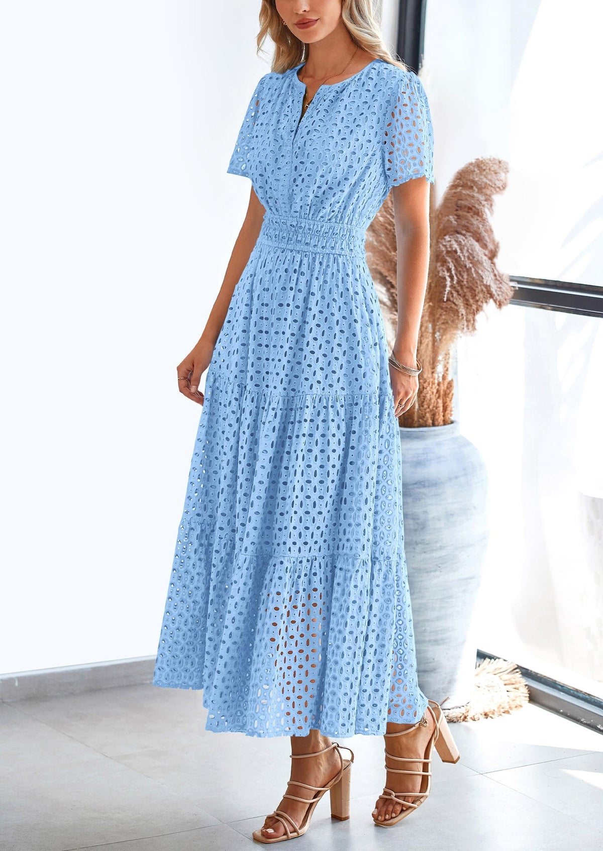 Eyelet A-Line Flowy Maxi Dress - Short Sleeve, V-Neck, Beach - photo 36