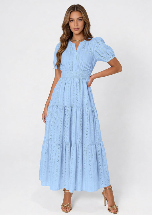 Eyelet Smocked Flowy Maxi Dress - Puff Sleeve, V-Neck, Casual - photo 1