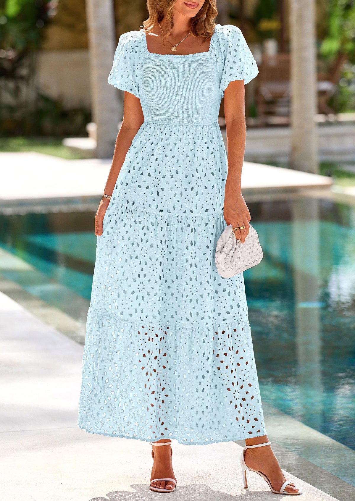 Eyelet Smocked Maxi Dress - Puff Sleeve, Square Neck, Wedding - photo 20