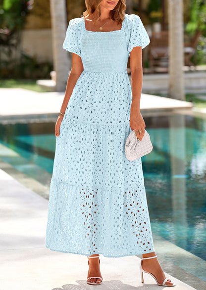 Eyelet Smocked Maxi Dress - Puff Sleeve, Square Neck, Wedding - photo 20