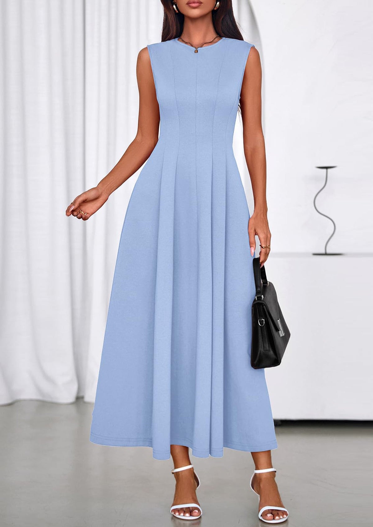 Light Blue A-Line Maxi Dress - Sleeveless, Crewneck, Formal - photo 3