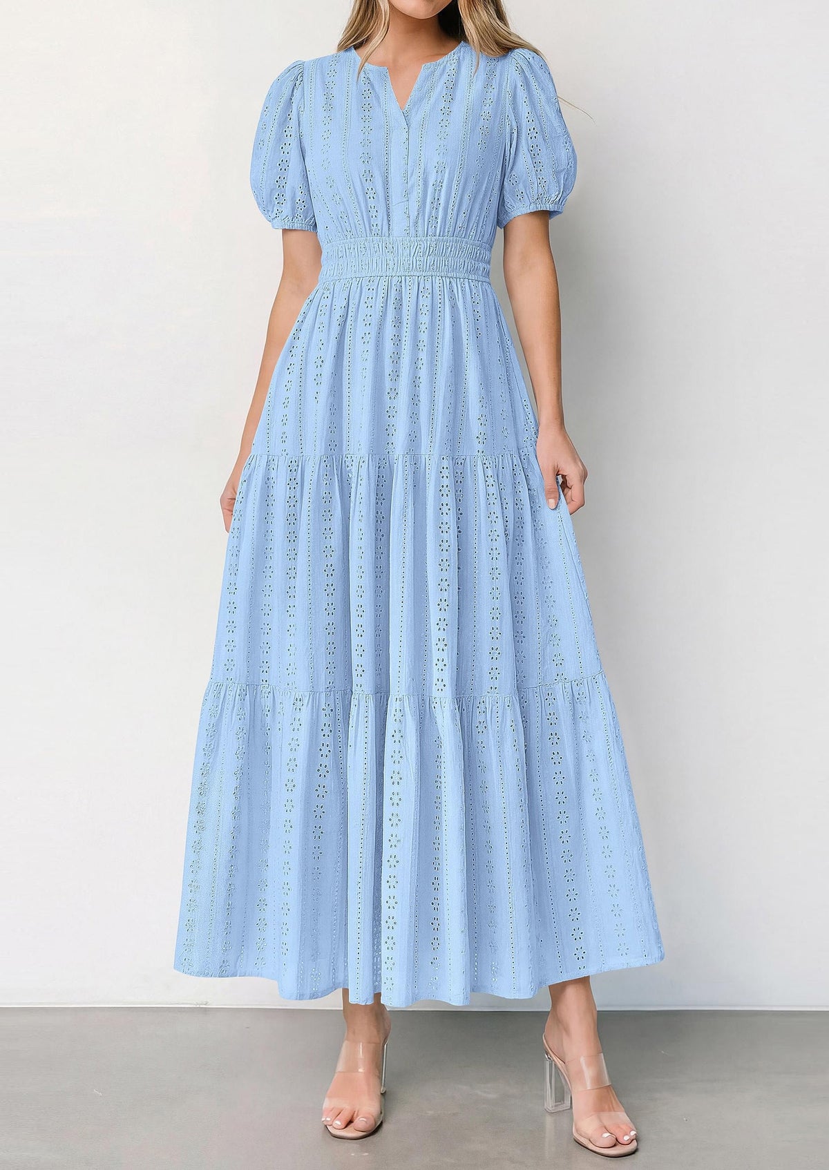 Eyelet Smocked Flowy Maxi Dress - Puff Sleeve, V-Neck, Casual - photo 2