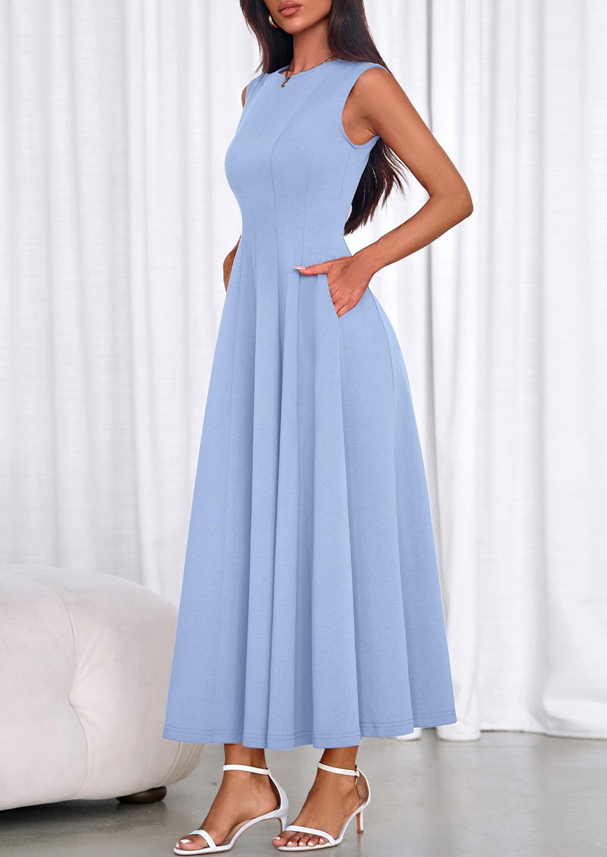 Light Blue A-Line Maxi Dress - Sleeveless, Crewneck, Formal - photo 4
