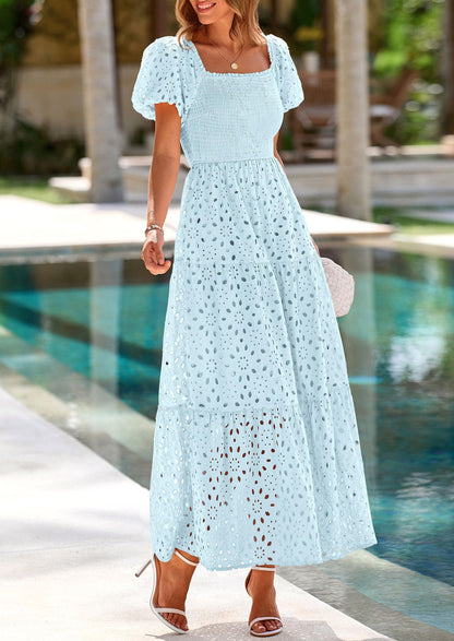 Eyelet Smocked Maxi Dress - Puff Sleeve, Square Neck, Wedding - photo 24