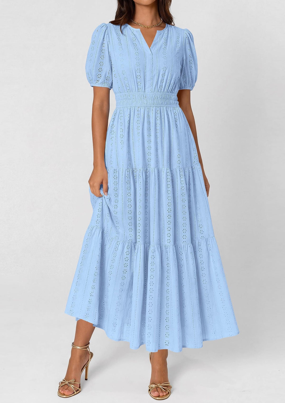 Eyelet Smocked Flowy Maxi Dress - Puff Sleeve, V-Neck, Casual - photo 3