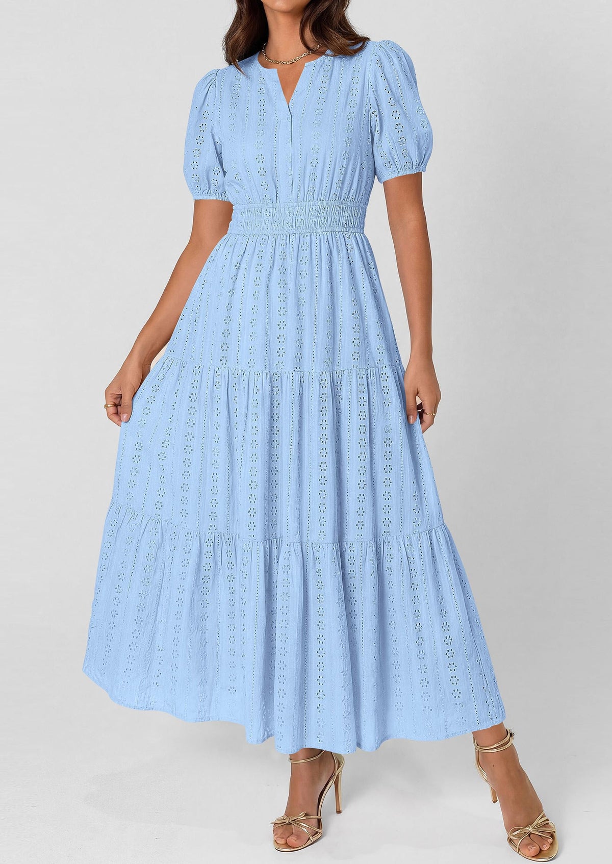 Eyelet Smocked Flowy Maxi Dress - Puff Sleeve, V-Neck, Casual - photo 4