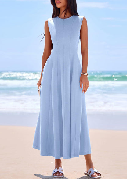 Light Blue A-Line Maxi Dress - Sleeveless, Crewneck, Formal - photo 6