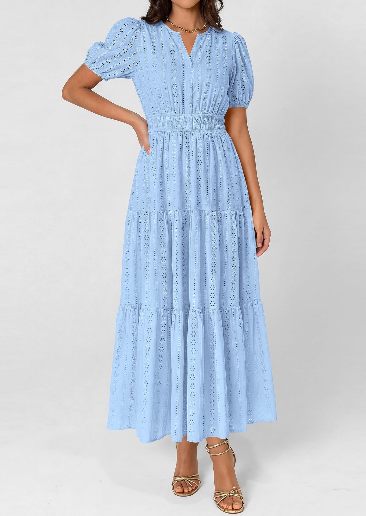 Eyelet Smocked Flowy Maxi Dress - Puff Sleeve, V-Neck, Casual - photo 5