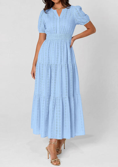 Eyelet Smocked Flowy Maxi Dress - Puff Sleeve, V-Neck, Casual - photo 6