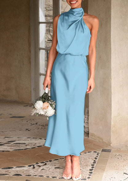 Satin Maxi Dress - Sleeveless, Mock Neck, Cocktail - photo 90