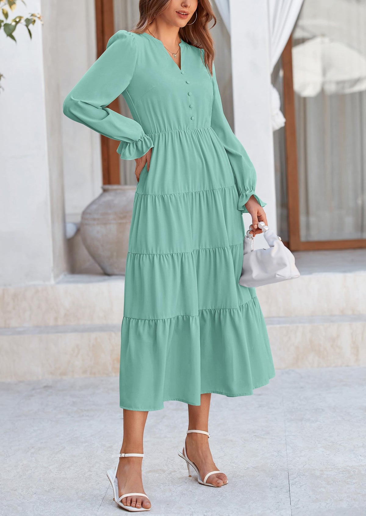 Brick Red Swiss Dot Smocked Tiered Maxi Dress - Long Sleeve, photo 108