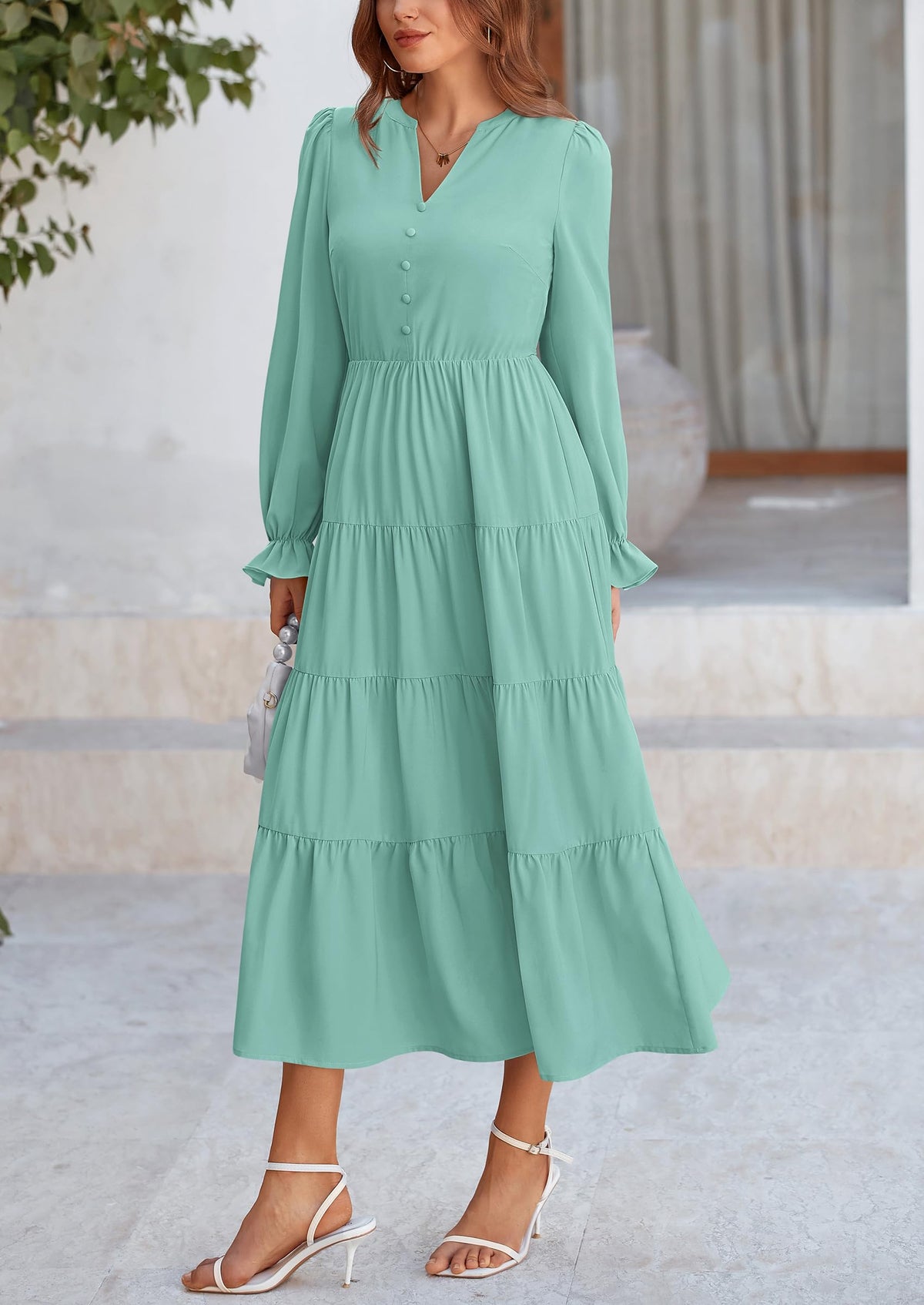 Brick Red Swiss Dot Smocked Tiered Maxi Dress - Long Sleeve, photo 109