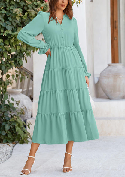 Brick Red Swiss Dot Smocked Tiered Maxi Dress - Long Sleeve, photo 110