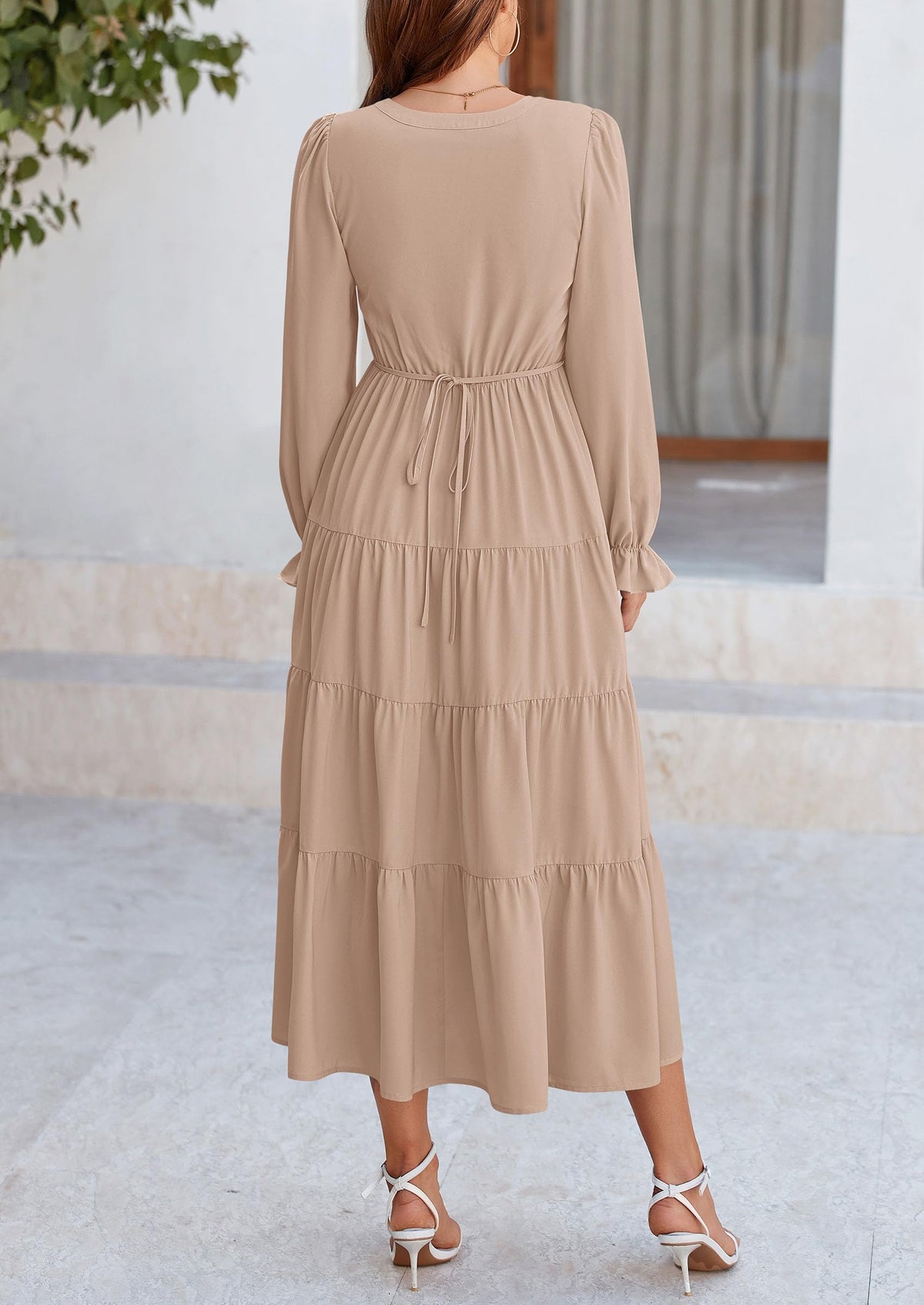 Brick Red Swiss Dot Smocked Tiered Maxi Dress - Long Sleeve, photo 112
