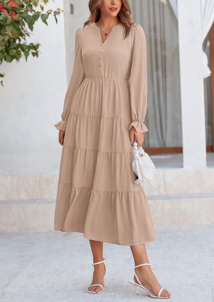 Brick Red Swiss Dot Smocked Tiered Maxi Dress - Long Sleeve, photo 113