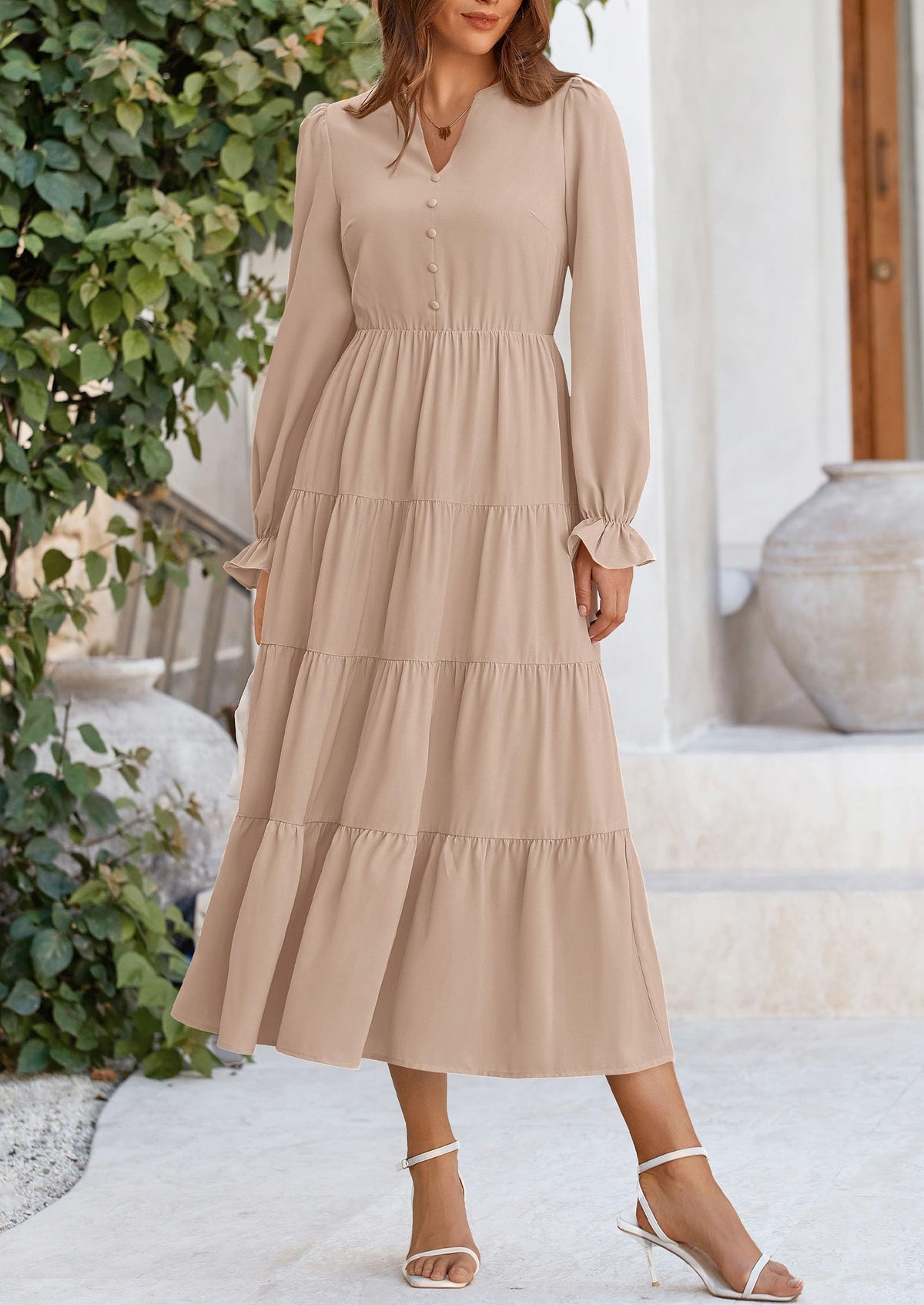 Brick Red Swiss Dot Smocked Tiered Maxi Dress - Long Sleeve, photo 114
