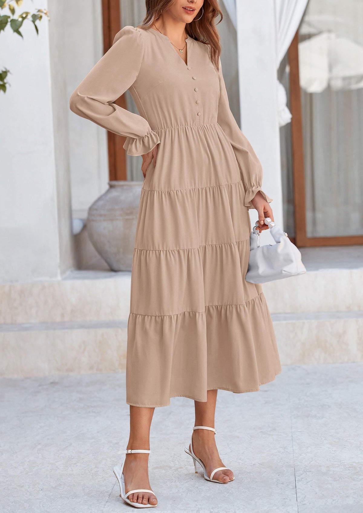 Brick Red Swiss Dot Smocked Tiered Maxi Dress - Long Sleeve, photo 116