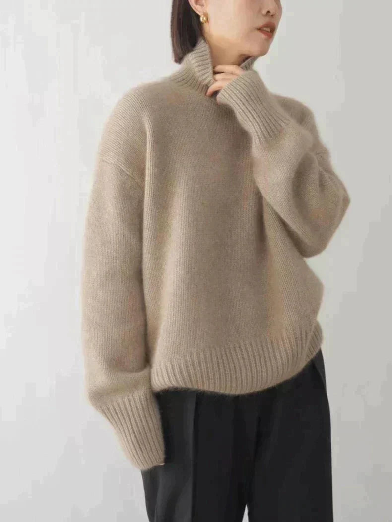 Chloe™ women's high collar sweater in soft neutral tone, elegant slim fit for layering