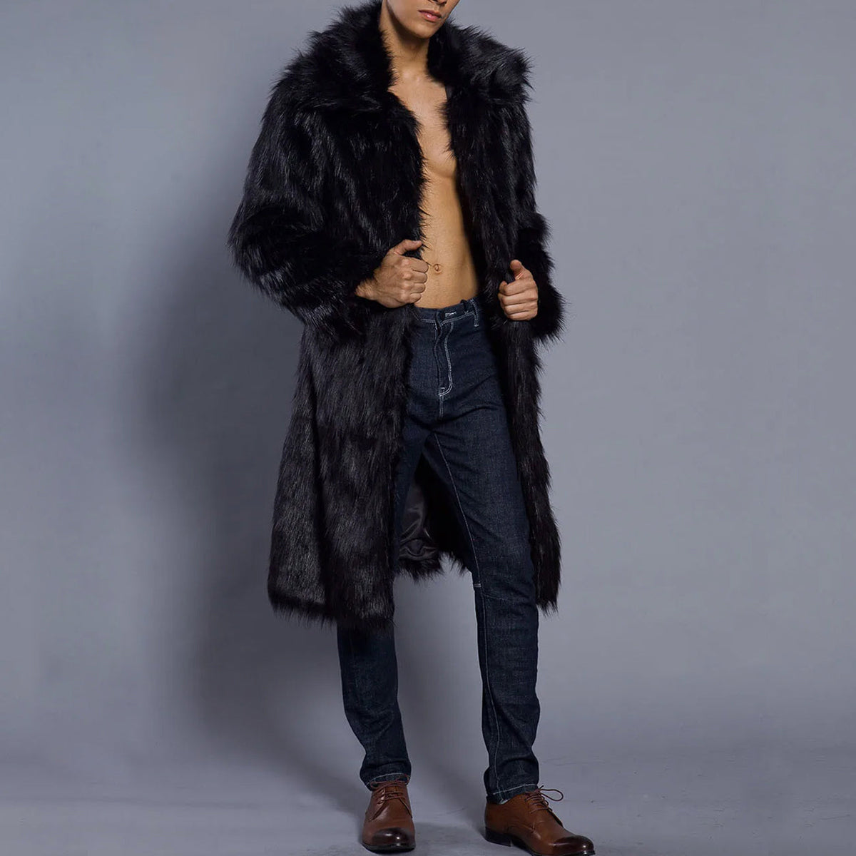 Lorenzo Vitali ivory faux-fur full-length coat with dramatic wide shawl collar tailored silhouette